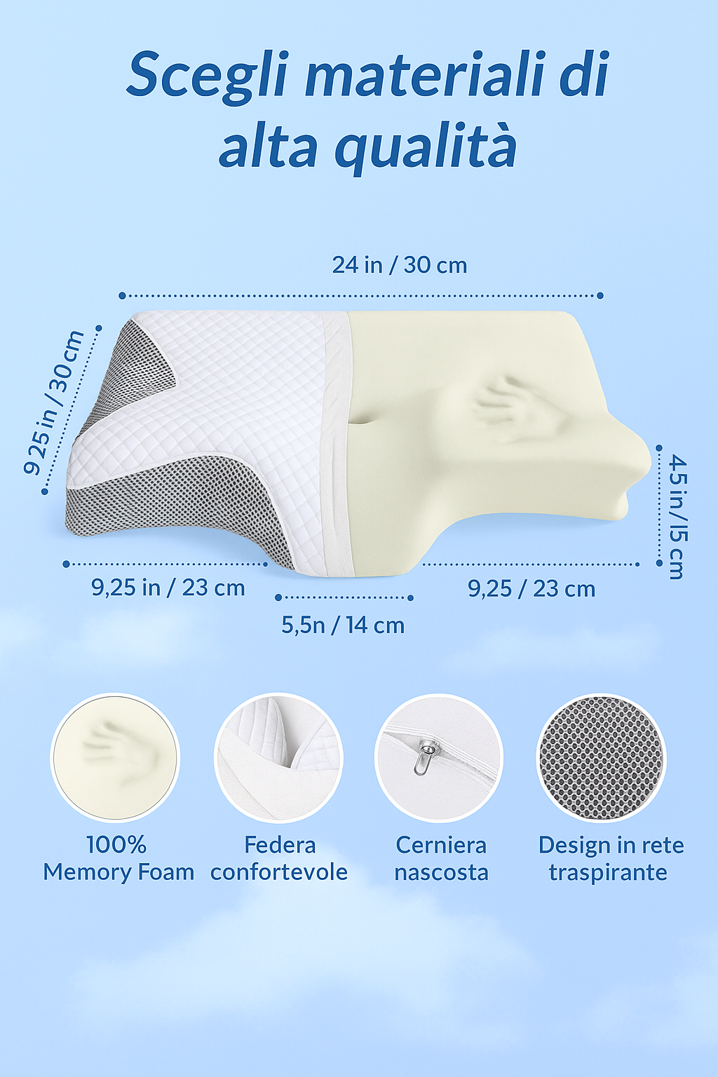 Cuscino Cervicale Memory Foam 2 in 1 – Ortopedico, Ergonomico e Traspirante per Dormire Bene